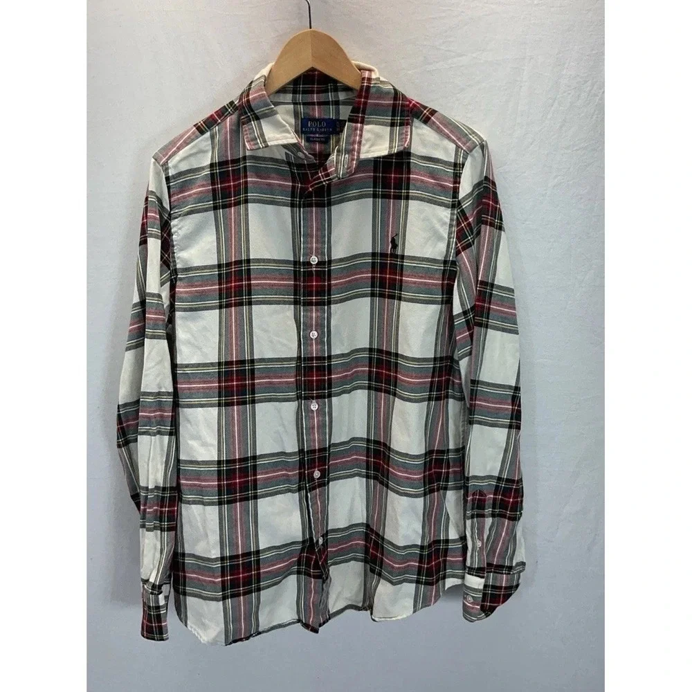 Polo Ralph Lauren Classic Fit Plaid Flannel Shirt Youth‎ XL Ivory Red Button Up